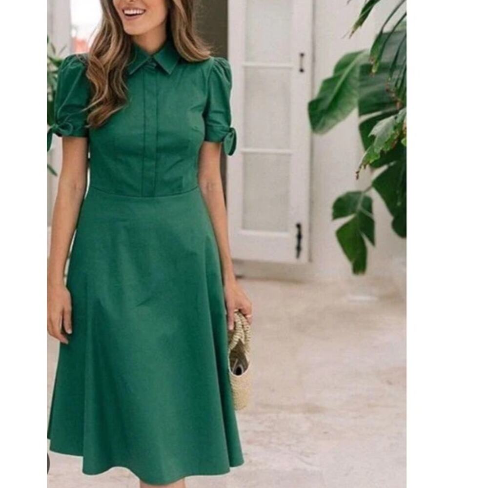 Gal Meets Glam Willow Green Shirt Dress Tie Sleeve Midi Fit Flare Sz 14